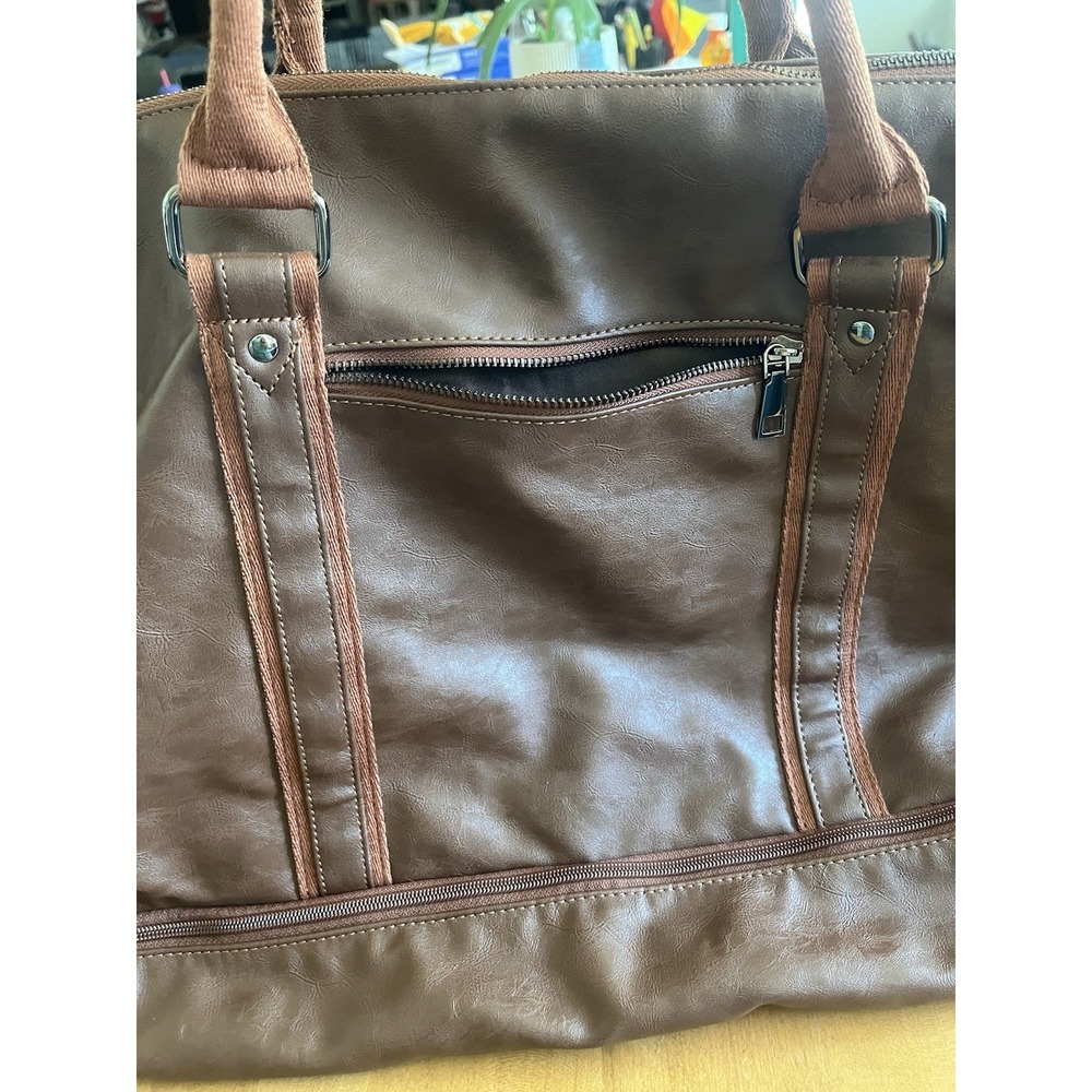 Seyfocnia Brown Faux Leather Duffle Bag Travel Weekender Gym Bag Shoe - Picture 6 of 9